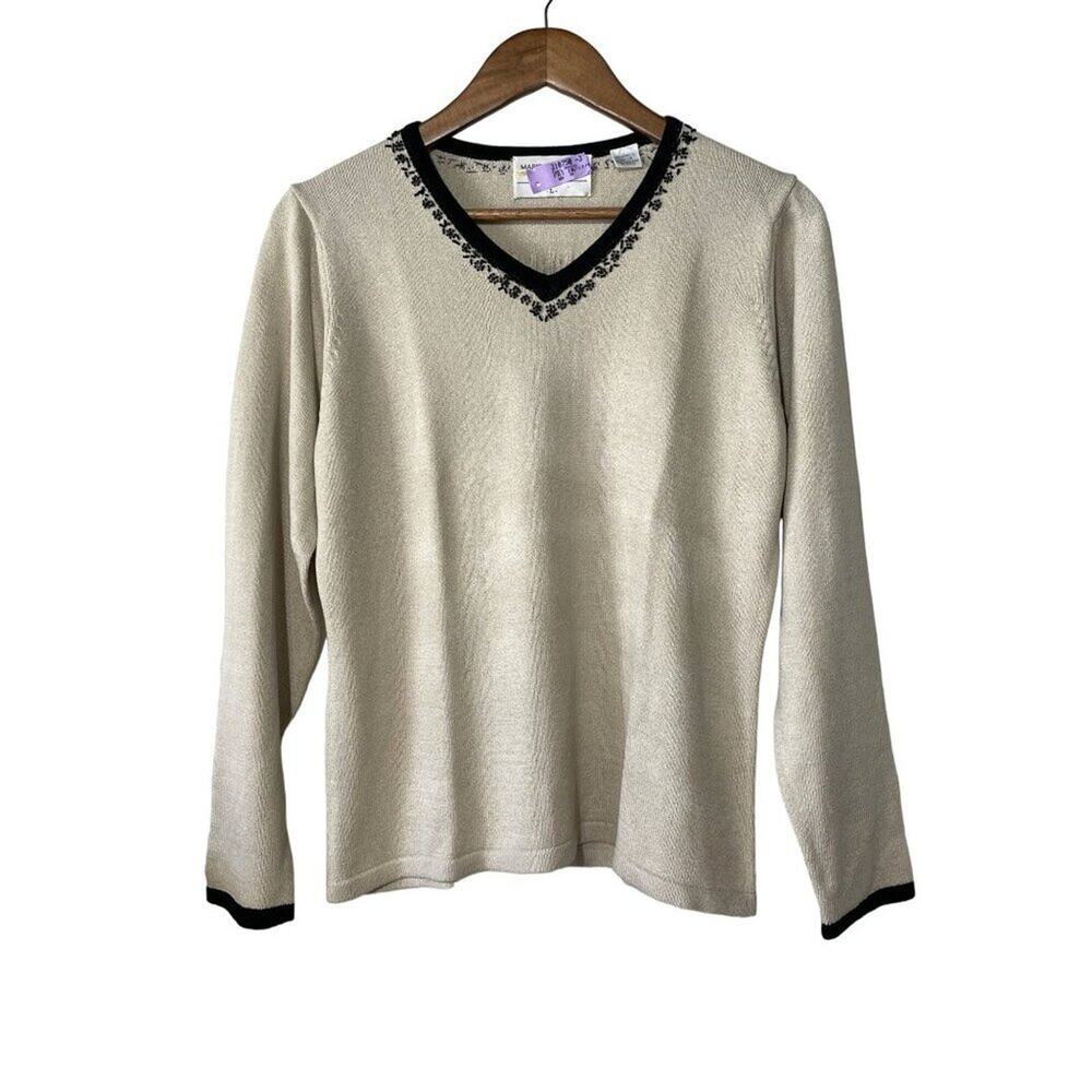 Marisa Christina V Neck Sweater Acrylic Nylon Tan Black Trim Women’s Large